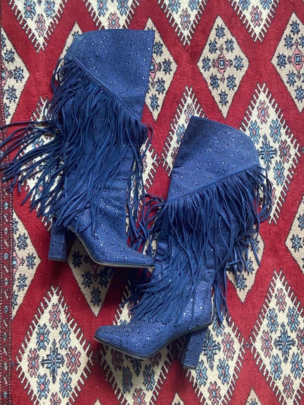 Jessica Simpson Blue Fringe Rhinestone Heeled Boots